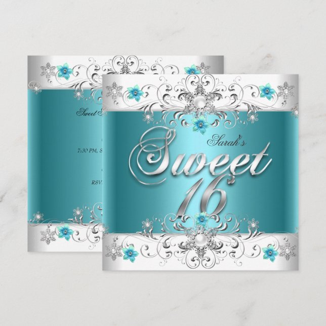Sweet Sixteen 16 Birthday Party Teal Blue Diamond Invitation (Front/Back)