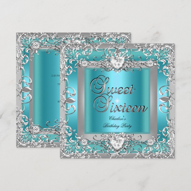 Sweet Sixteen 16 Birthday Party Teal Blue Silver Invitation (Front/Back)