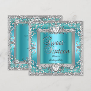 Sweet Sixteen 16 Birthday Party Teal Blue Silver Invitation