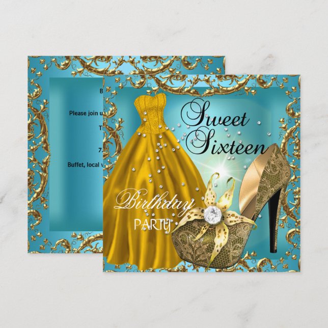 Sweet Sixteen 16  Birthday Party Teal Gold Dress Invitation (Front/Back)