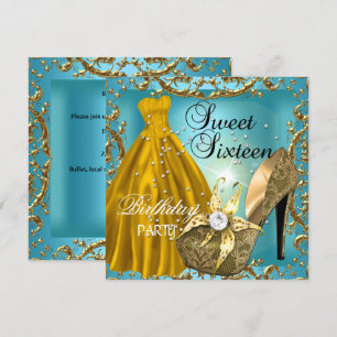Sweet Sixteen 16  Birthday Party Teal Gold Dress Invitation
