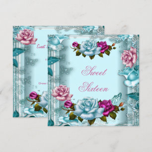 Sweet Sixteen 16 Birthday Party Teal Pink Roses 2 Invitation