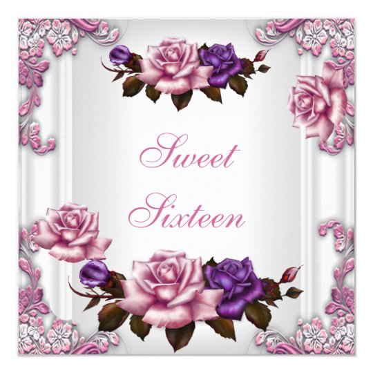 Sweet Sixteen 16 Birthday Party White Pink Roses Card