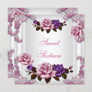 Sweet Sixteen 16 Birthday Party White Pink Roses Invitation