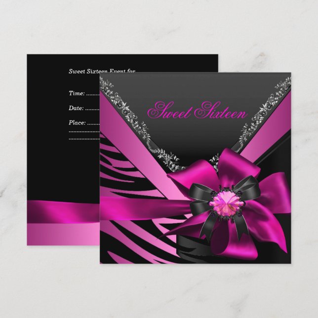Sweet Sixteen 16 Birthday Party Zebra Pink Black Invitation (Front/Back)