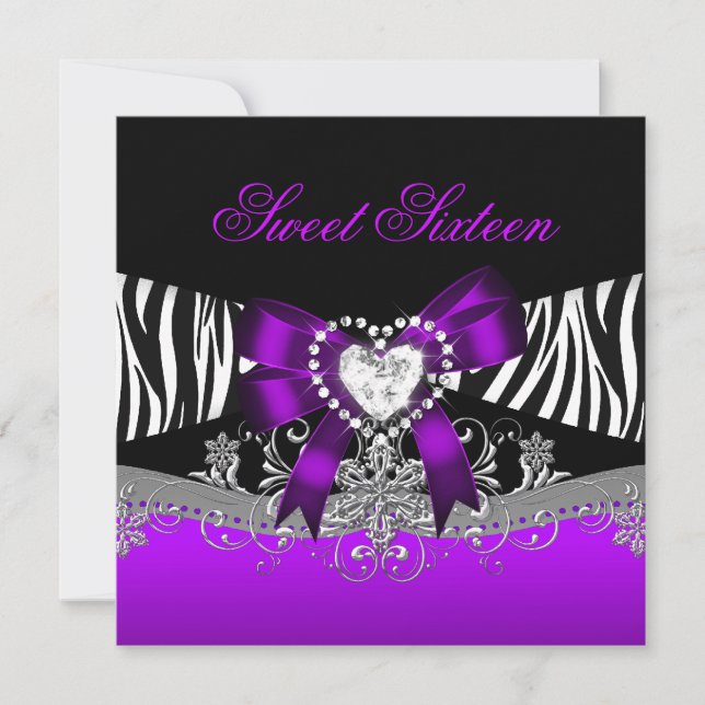 Sweet Sixteen 16 Birthday Party Zebra Purple Black Invitation (Front)