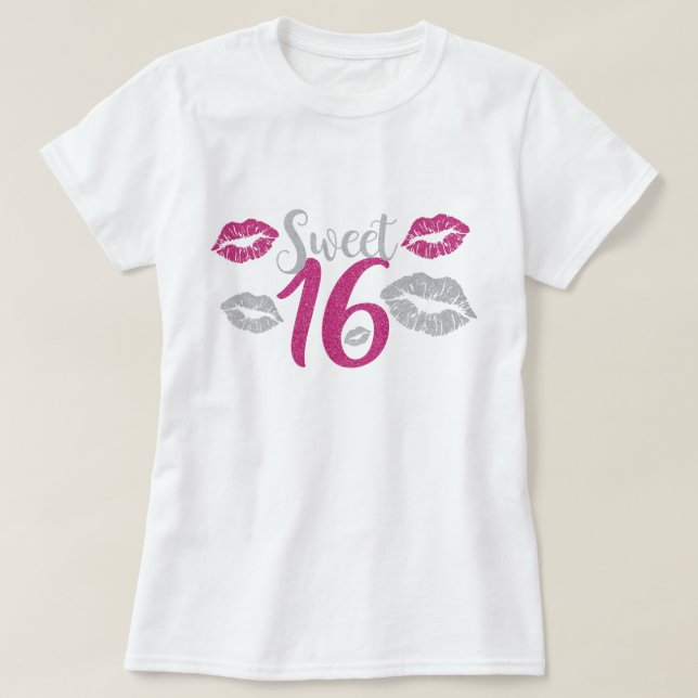Sweet Sixteen 16 Birthday Pink Faux Glitter Print T-Shirt (Design Front)