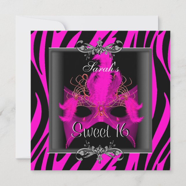 Sweet Sixteen 16 Birthday Pink Zebra Black Mask Invitation (Front)