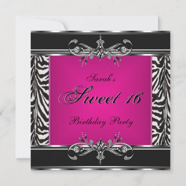 Sweet Sixteen 16 Birthday Pink Zebra Black Silver Invitation (Front)