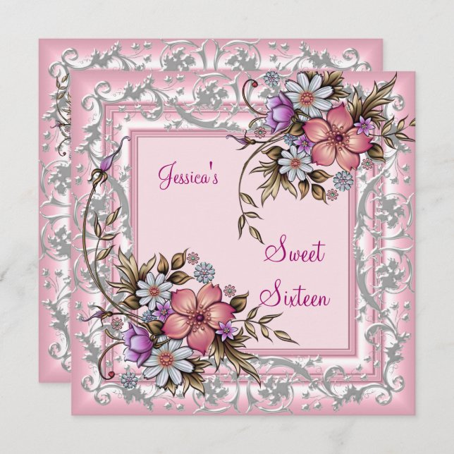 Sweet Sixteen 16 Birthday Pretty Pink Floral 2 Invitation (Front/Back)