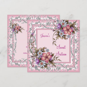 Sweet Sixteen 16 Birthday Pretty Pink Floral 2 Invitation