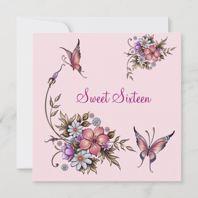 Sweet Sixteen 16 Birthday Pretty Pink Floral 4 Invitation (Front)