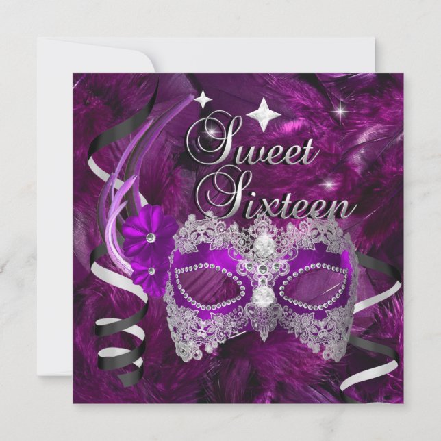 Sweet Sixteen 16 Birthday Purple Diamond Mask Invitation (Front)