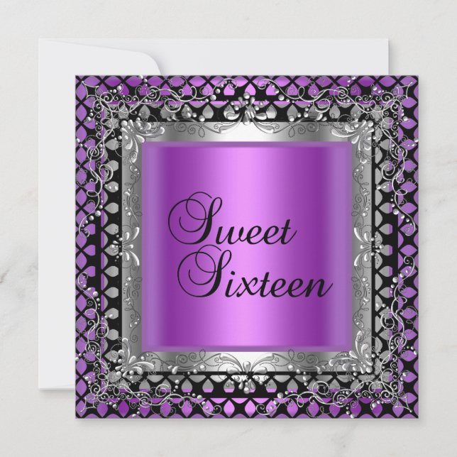 Sweet Sixteen 16 Birthday Purple Pink Silver Invitation (Front)