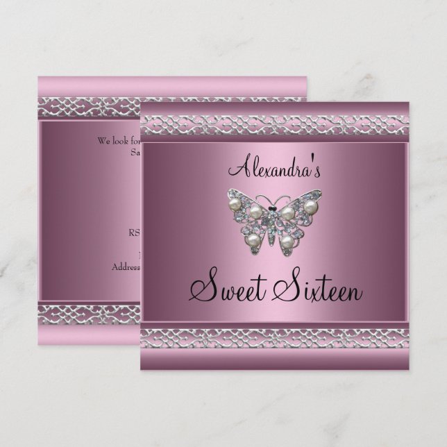 Sweet Sixteen 16 Birthday Satin Pink Butterfly Invitation (Front/Back)