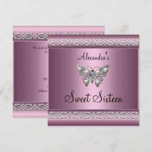 Sweet Sixteen 16 Birthday Satin Pink Butterfly Invitation