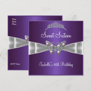 Sweet Sixteen 16 Birthday Silver Bow Purple Tiara Invitation