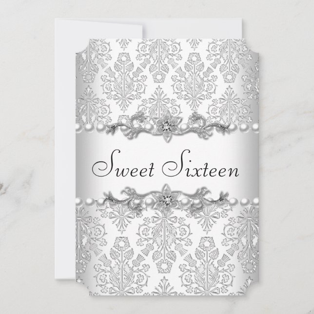 Sweet Sixteen 16 Birthday Silver White Pearl 2 Invitation (Front)