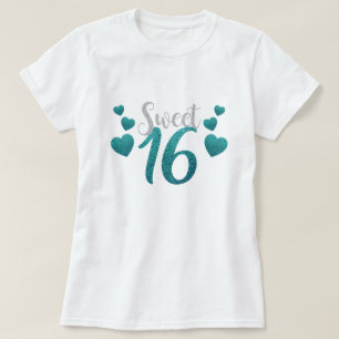 Sweet Sixteen 16 Birthday Teal Blue Faux Glitter T-Shirt