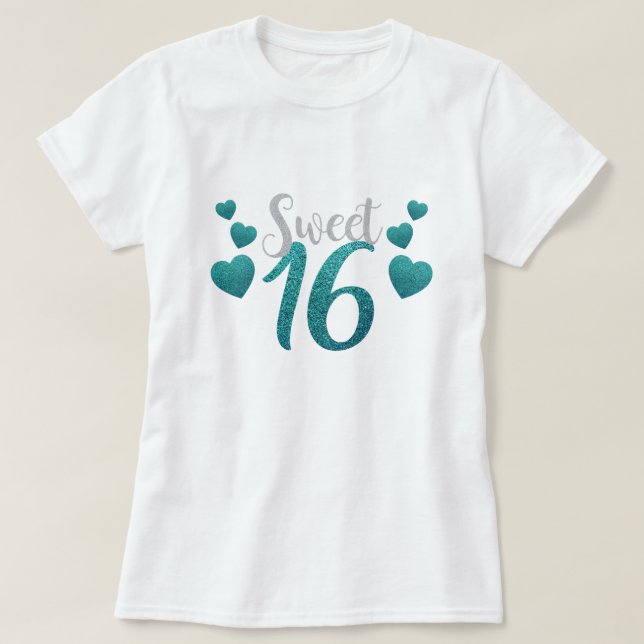 Sweet Sixteen 16 Birthday Teal Blue Faux Glitter T-Shirt (Design Front)