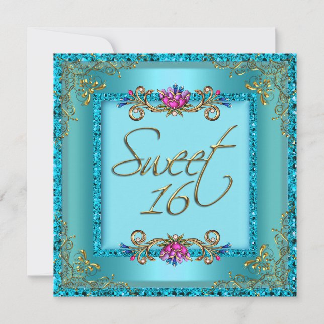 Sweet Sixteen 16 Birthday Teal Blue Gold Floral Invitation (Front)