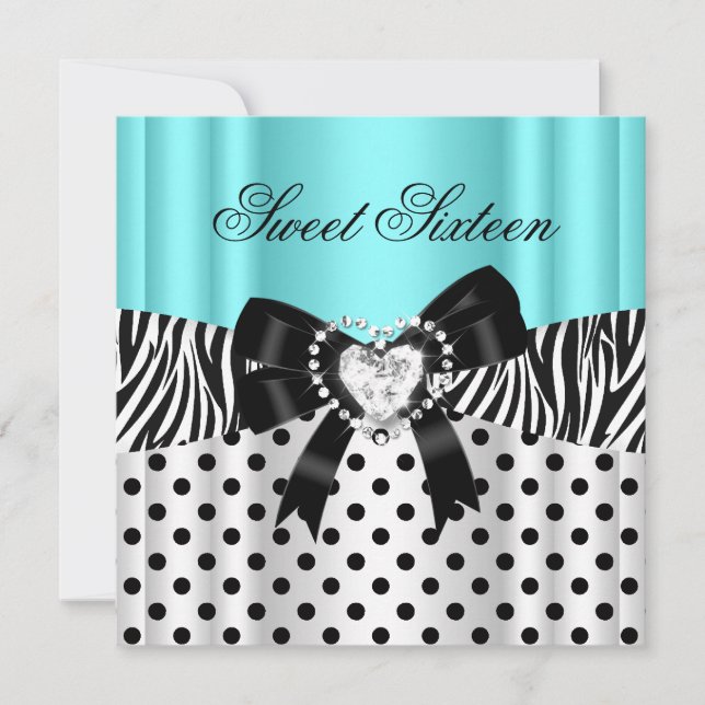 Sweet Sixteen 16 Birthday Teal Zebra Polka Dots 2 Invitation (Front)