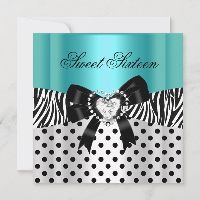 Sweet Sixteen 16 Birthday Teal Zebra Polka Dots Invitation (Front)