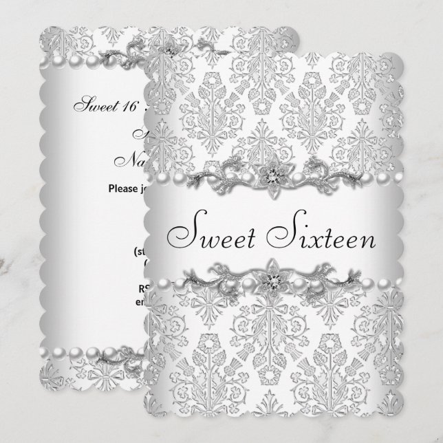 Sweet Sixteen 16 Birthday White Pearl 3 Invitation (Front/Back)