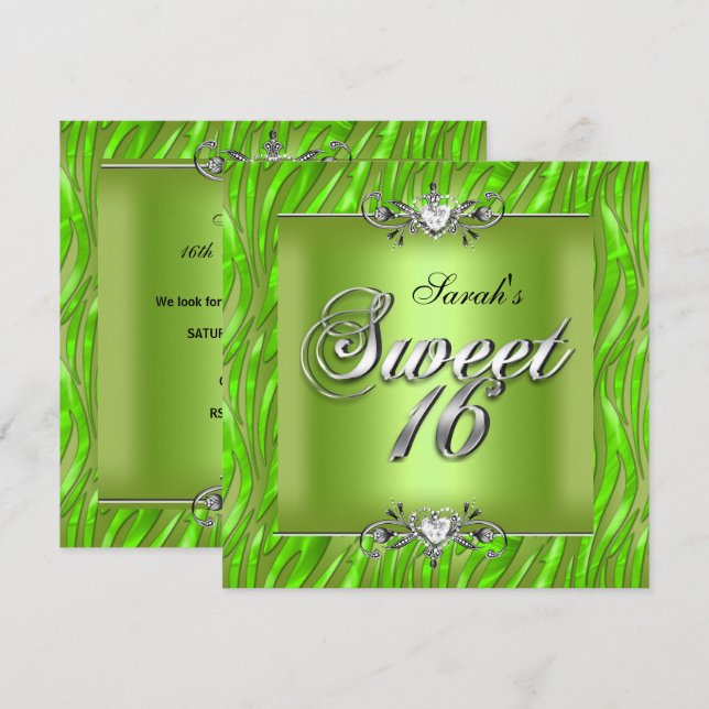 Sweet Sixteen 16 Birthday Zebra Lime Green Invitation (Front/Back)