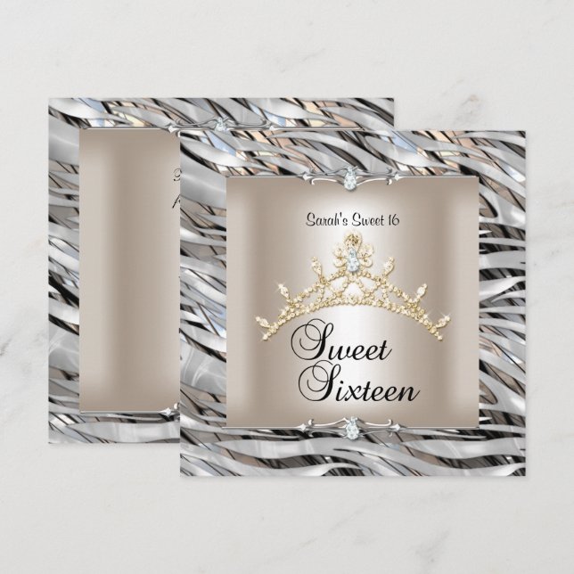 Sweet Sixteen 16 Birthday Zebra Silver Black Gold Invitation (Front/Back)
