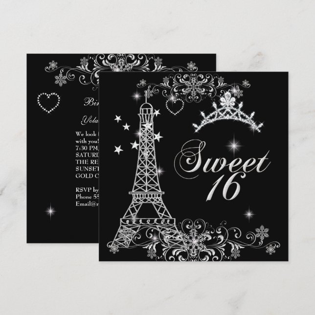 Sweet Sixteen 16 Black Silver Glitter Eiffel Tower Invitation (Front/Back)
