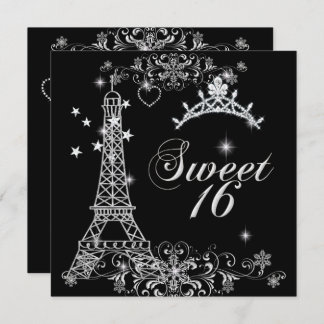 Sweet Sixteen 16 Black Silver Glitter Eiffel Tower Invitation