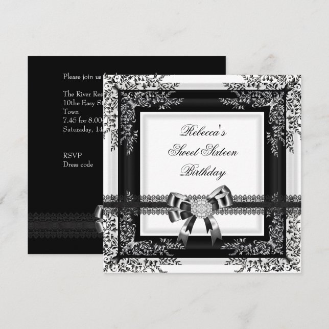 Sweet Sixteen 16 Black White Lace Floral Diamond Invitation (Front/Back)