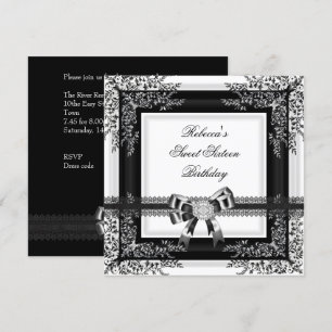 Sweet Sixteen 16 Black White Lace Floral Diamond Invitation