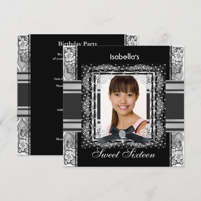 Sweet Sixteen 16 Black White Silver Birthday Party Invitation (Front/Back)