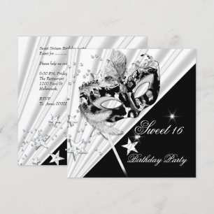 Sweet Sixteen 16 Black White Silver Mask Invitation