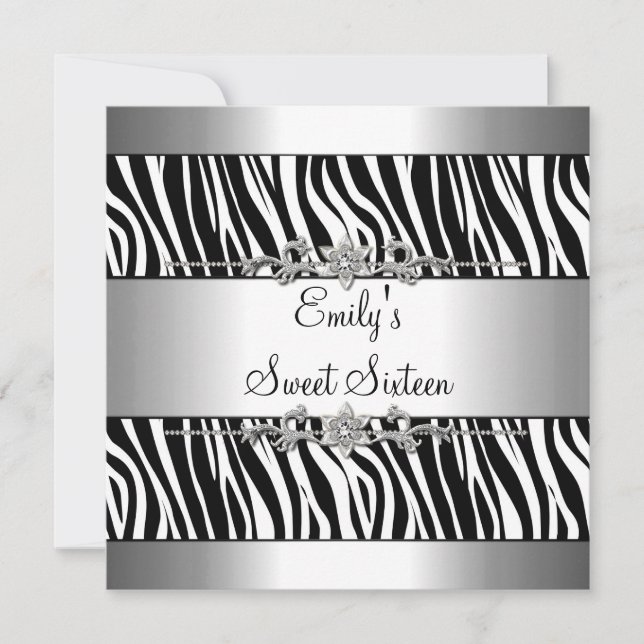 Sweet Sixteen 16 Black White Zebra Silver Birthday Invitation (Front)