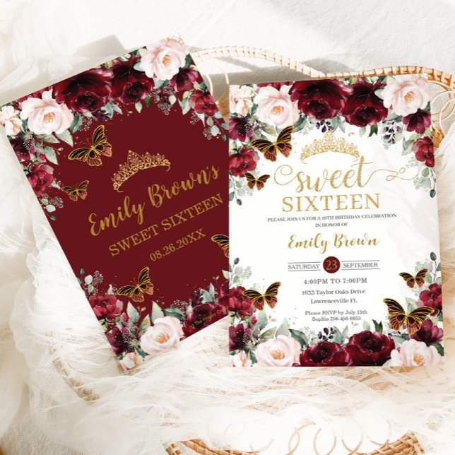Sweet Sixteen 16 Burgundy Blush Floral Butterflies Invitation (Creator Uploaded)