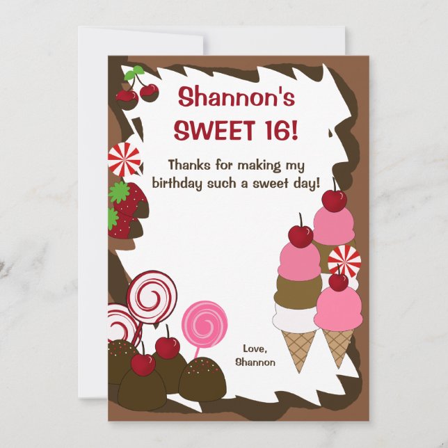 SWEET SIXTEEN 16 Candy Birthday FLAT THANK YOU (Front)