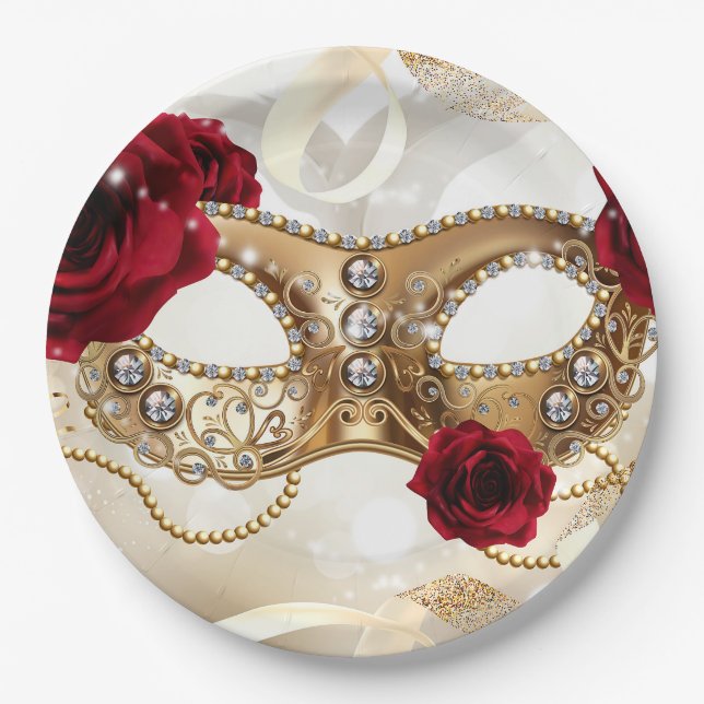 Sweet Sixteen 16 Cream Gold Masquerade Ball Party Paper Plate (Front)