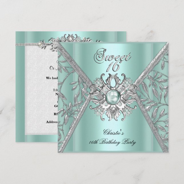 Sweet Sixteen 16 Damask Mint Blue White Silver Invitation (Front/Back)