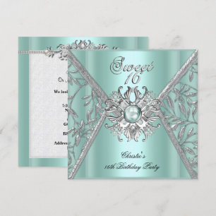 Sweet Sixteen 16 Damask Mint Blue White Silver Invitation