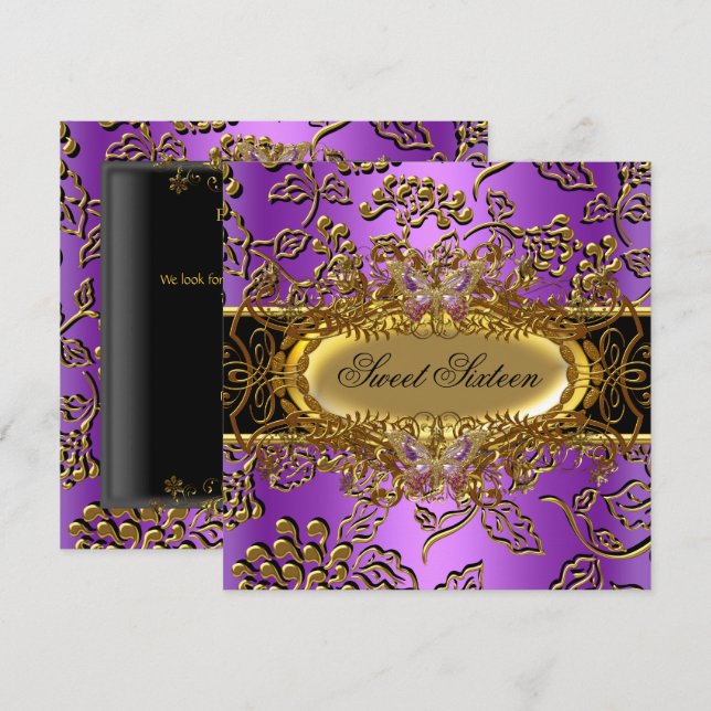 Sweet Sixteen 16 Damask Purple Gold Black Invitation (Front/Back)
