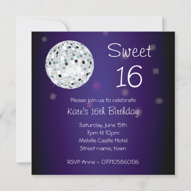 Sweet Sixteen 16 Disco Ball Party Invitation (Front)