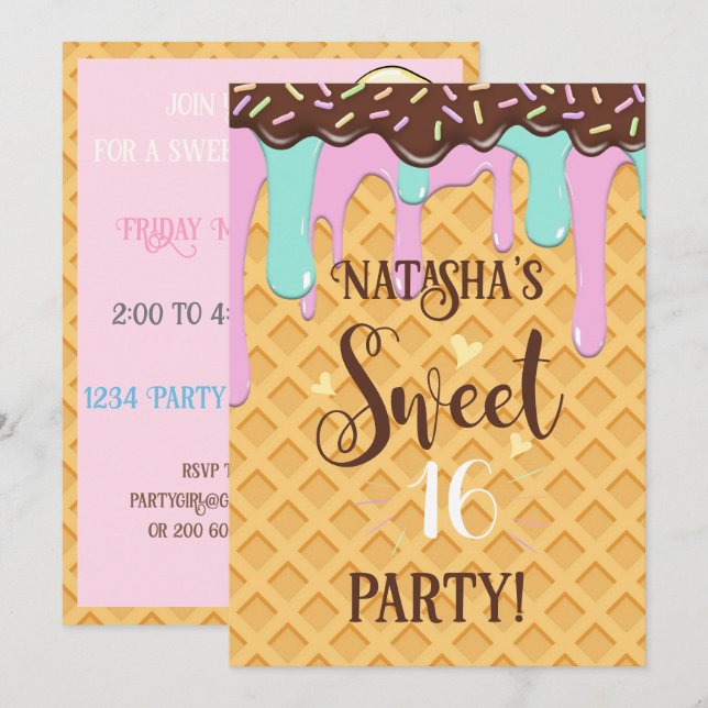 Sweet Sixteen 16 Drippy Waffle Cone Invitation (Front/Back)