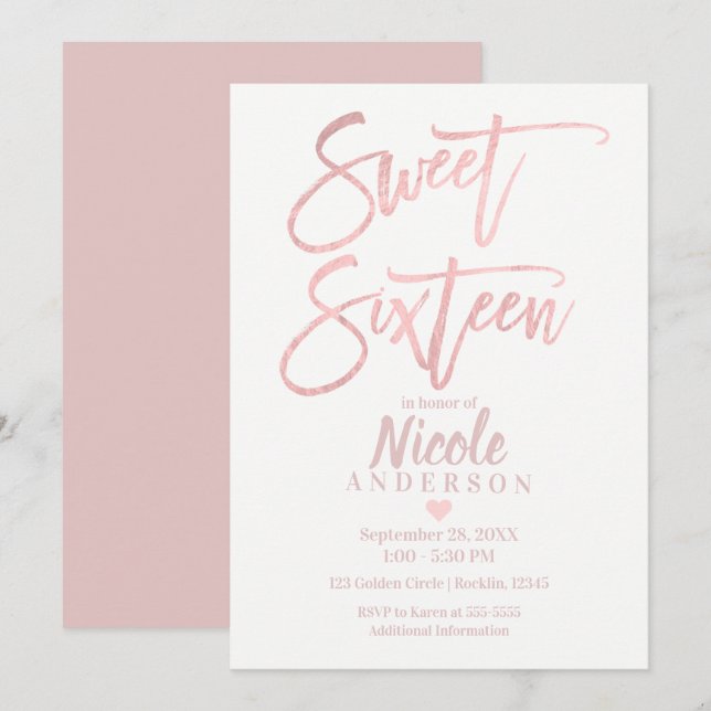 SWEET SIXTEEN 16 Elegant Rose Gold Foil Modern Invitation (Front/Back)