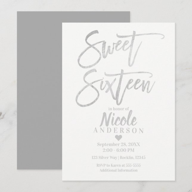 SWEET SIXTEEN 16 Elegant Silver Grey Foil Modern Invitation (Front/Back)