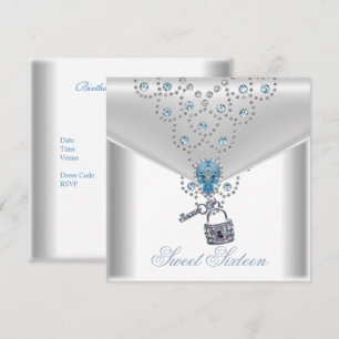 Sweet Sixteen 16 Elegant White Silver Blue Jewel Invitation