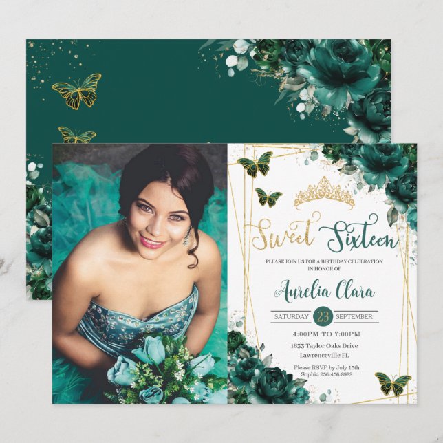 Sweet Sixteen 16 Emerald Green Floral Butterflies  Invitation (Front/Back)