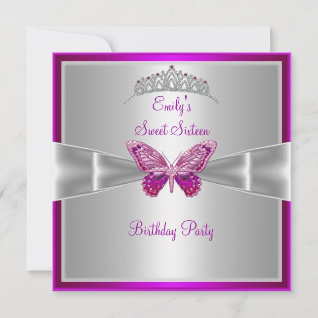 Sweet Sixteen 16 Fuchsia Pink Silver Tiara 3 Invitation (Front)